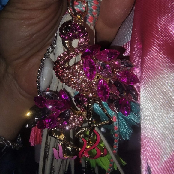 Pink crystal flamingo tassels bow purse charm Keychain - Picture 5 of 8